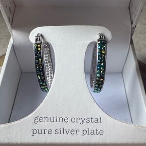 Sparkle Allure Silver-Plated Hoop Earrings with Green-Blue Crystal Pavé